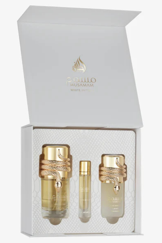 LATTAFA MUSAMAM WHITE INTENSE 3 PCS GIFTSET WITH 100ML EDP + 12ML TRAVEL SPRAY + 50ML HAIRMIST