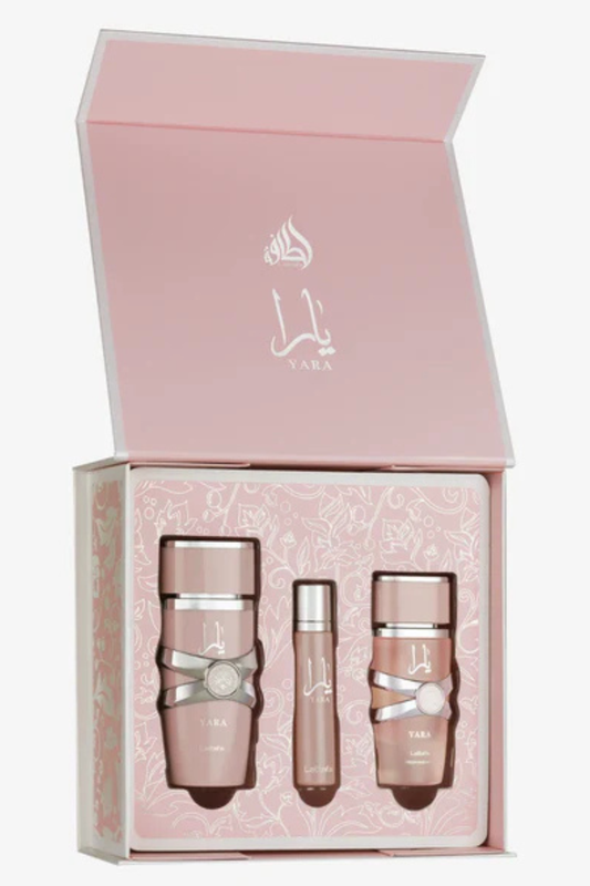LATTAFA YARA 3 PCS GIFTSET WITH 100ML EDP + 12ML TRAVEL SPRAY + 50ML HAIRMIST